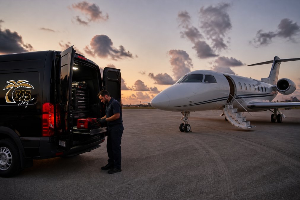 A mobile maintenance van parked on the tarmac at a Fort Lauderdale airport at dusk, with an aircraft technician in uniform preparing tools beside a Gulfstream jet
