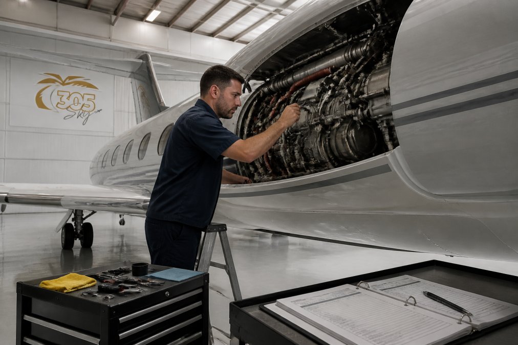 Technician inspecting a private jet for banyan aviation maintenance alternatives in a South Florida hangar.