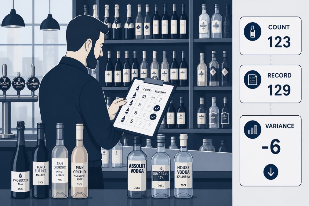 Bar manager conducting stock count, checking bottles against records on clipboard, with shelves of spirits and wines visible in background, natural lighting from bar windows