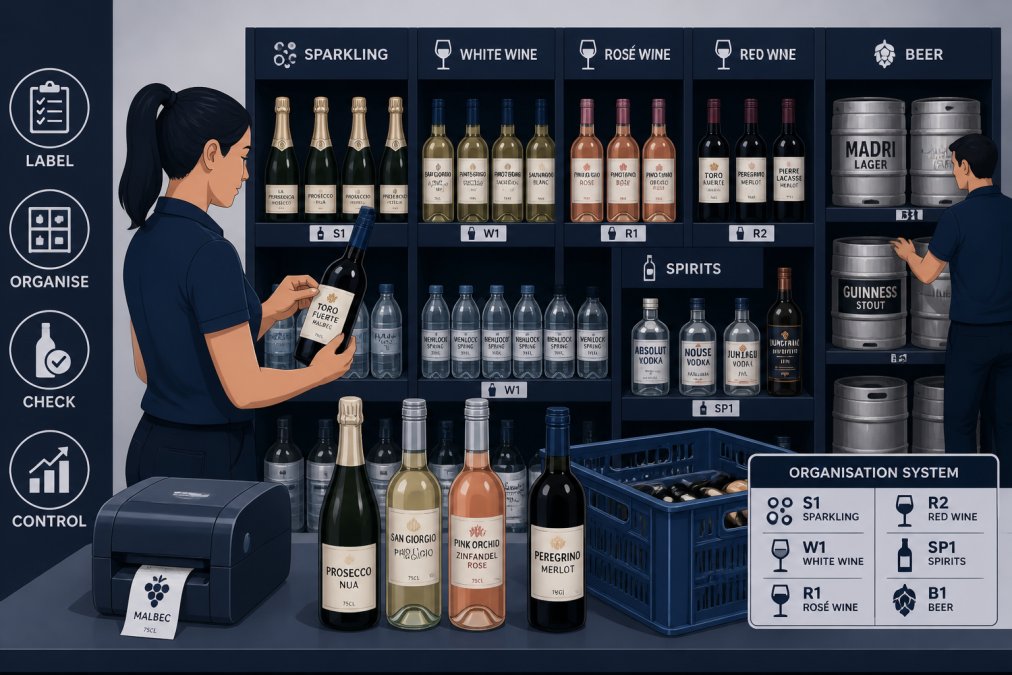 Busy bar environment with staff properly labelling bottles and organizing stock on shelves in orderly manner, good lighting showing clear organization system