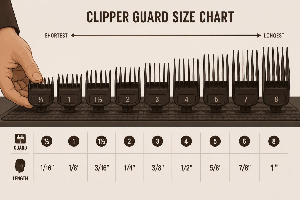 Close-up of a barber's hand holding multiple clipper guards of different sizes lined up side-by-side on a work surface, showing the visible size progression from shortest to longest