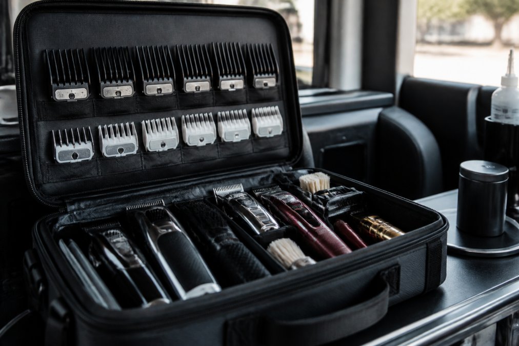A mobile barber's portable station setup in a vehicle showing organized clipper guard sets stored in a compact carrying case with clippers and tools neatly arranged