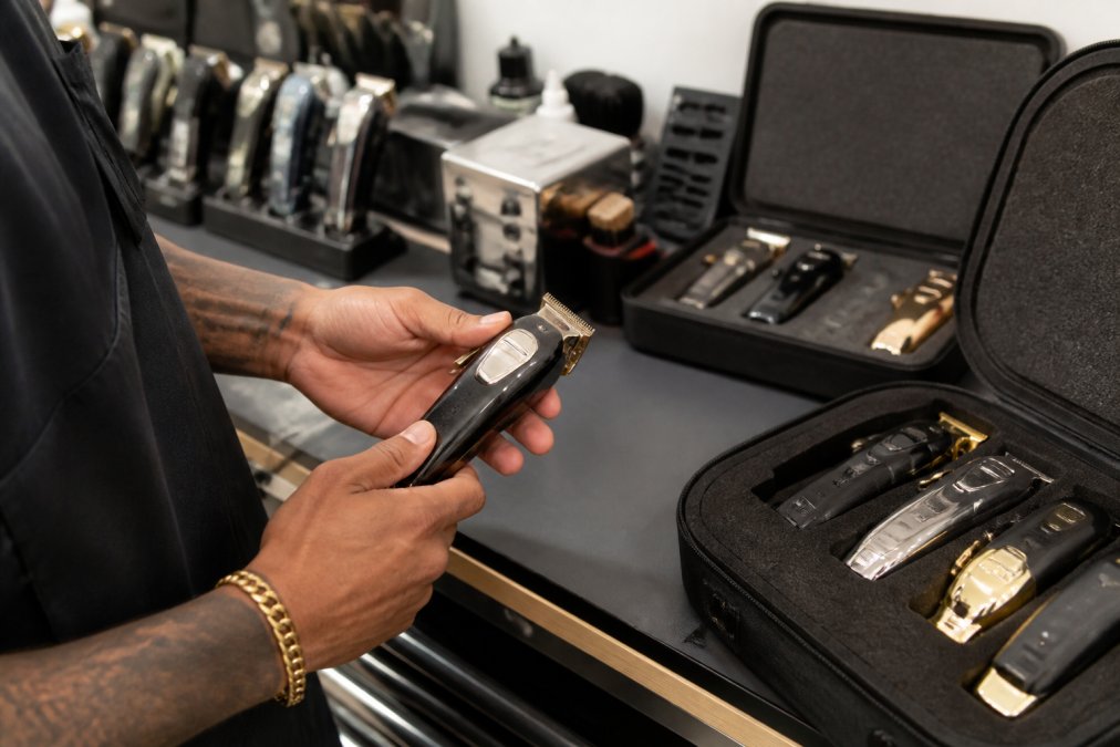 Professional barber's hands holding a cordless clipper over an organized workstation with multiple clipper cases, maintenance tools, and blade sharpeners arranged in the background