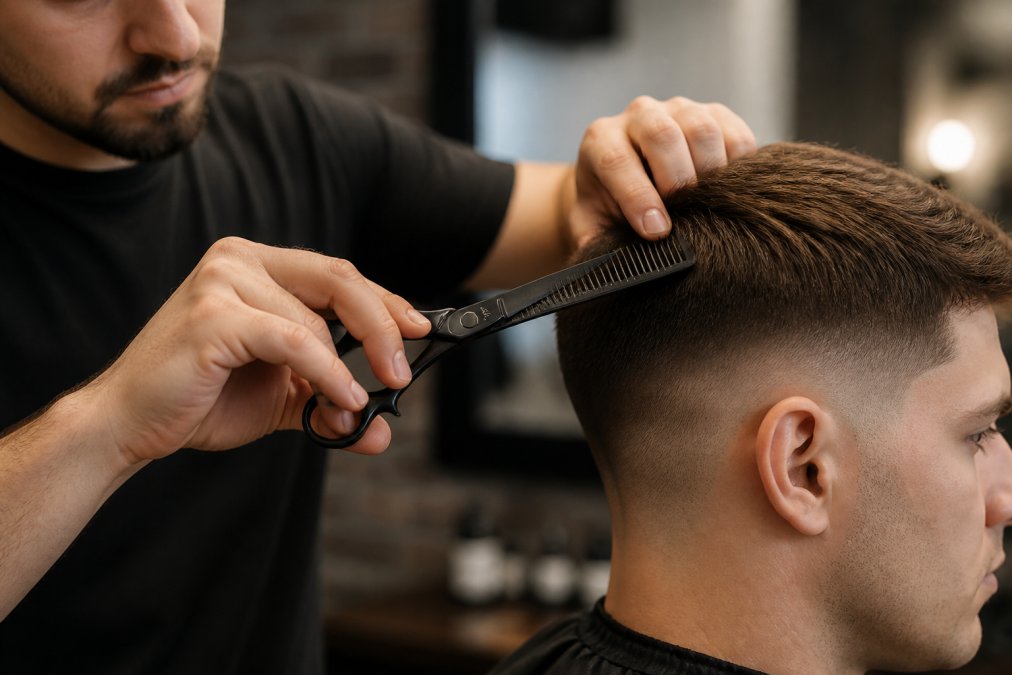 Professional barber performing scissor-over-comb technique on client's fade, hands positioned with comb flat against scalp and shears held at precise cutting angle, natural studio lighting