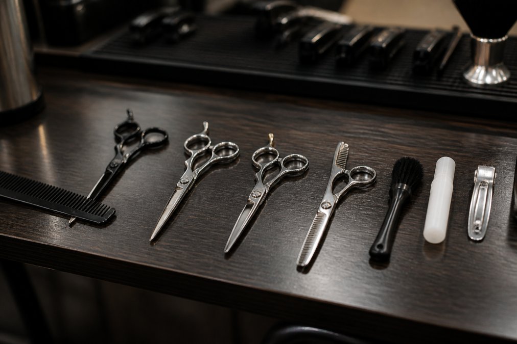 Professional barber workstation with multiple shear types displayed, cutting shears, thinning shears, and maintenance tools arranged on dark wood counter with proper lighting