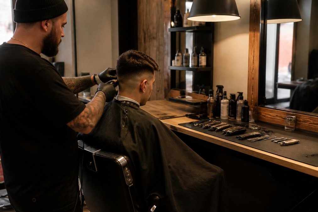 Professional barber station with hydraulic chair, organized tools on magnetic mat, warm task lighting above, and client in position during fade service