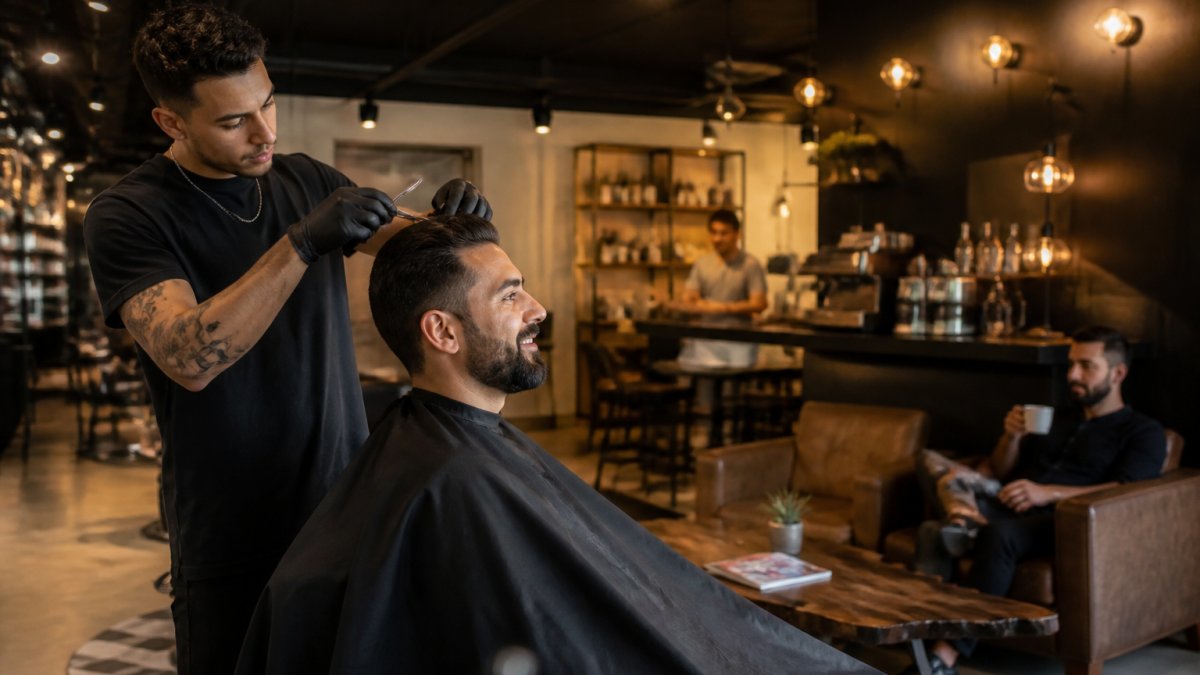 Man enjoying professional haircut in modern barbershop lounge area with espresso bar, warm lighting, and relaxed seating during evening hours