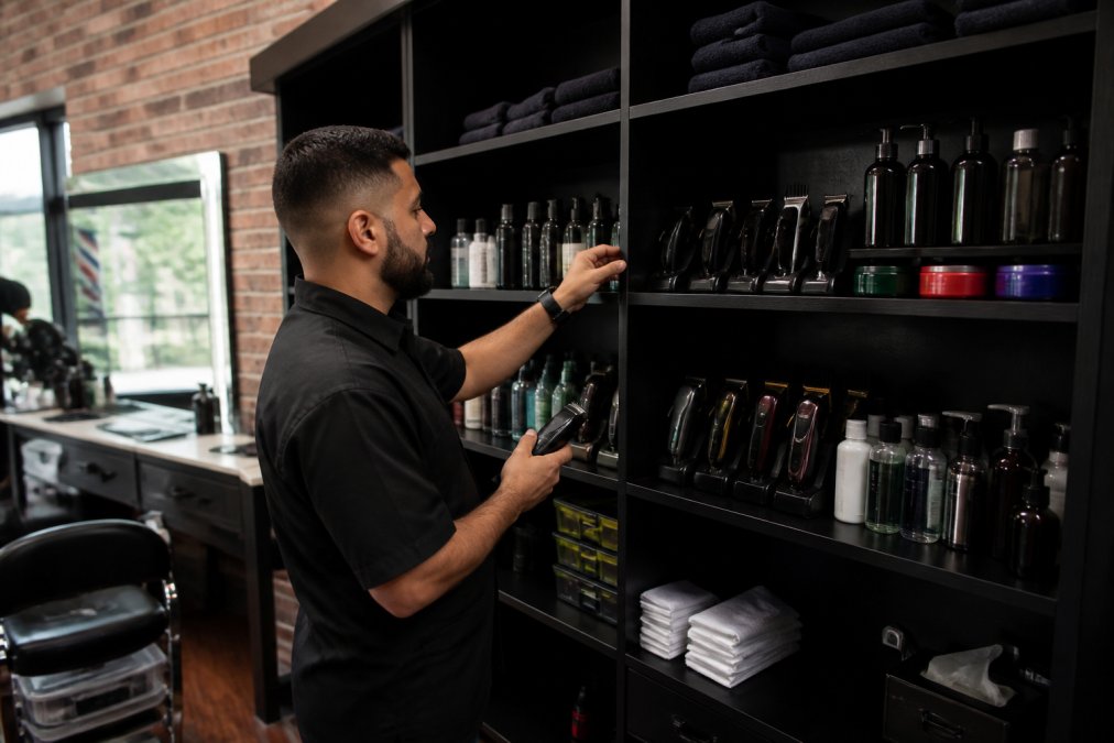 Barber shop owner checking organized shelves of supplies including clippers, razors, and bottles of products neatly arranged in a professional station with natural lighting
