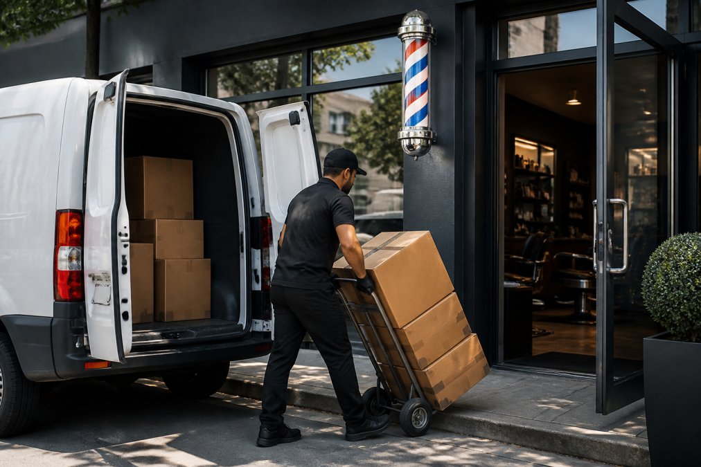 Delivery worker unloading boxes of barber supplies at the professional entrance of a barber shop in daylight