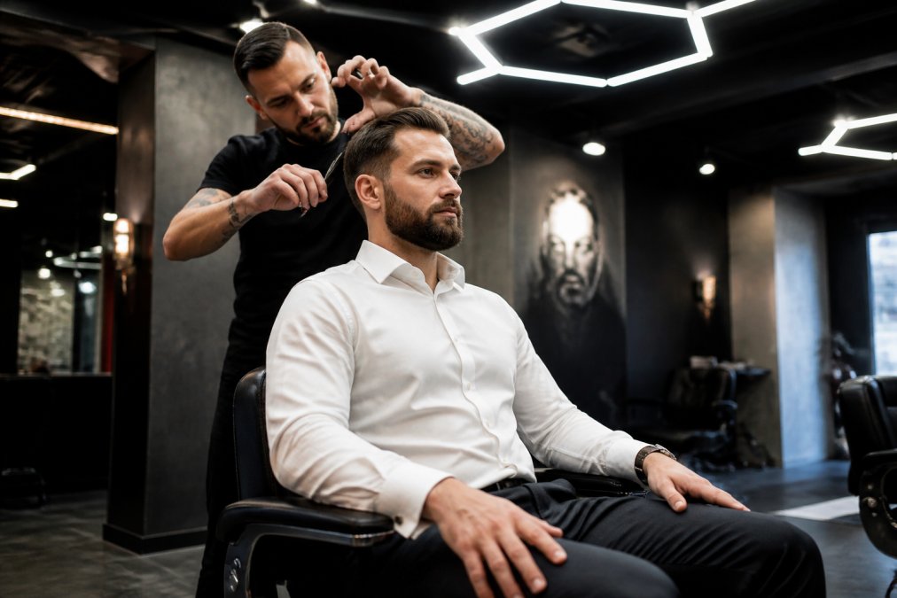Un homme d'affaires élégant en chemise blanche, assis dans un fauteuil de barbier en cuir noir, recevant une coupe aux ciseaux dans un salon haut de gamme avec un éclairage hexagonal design