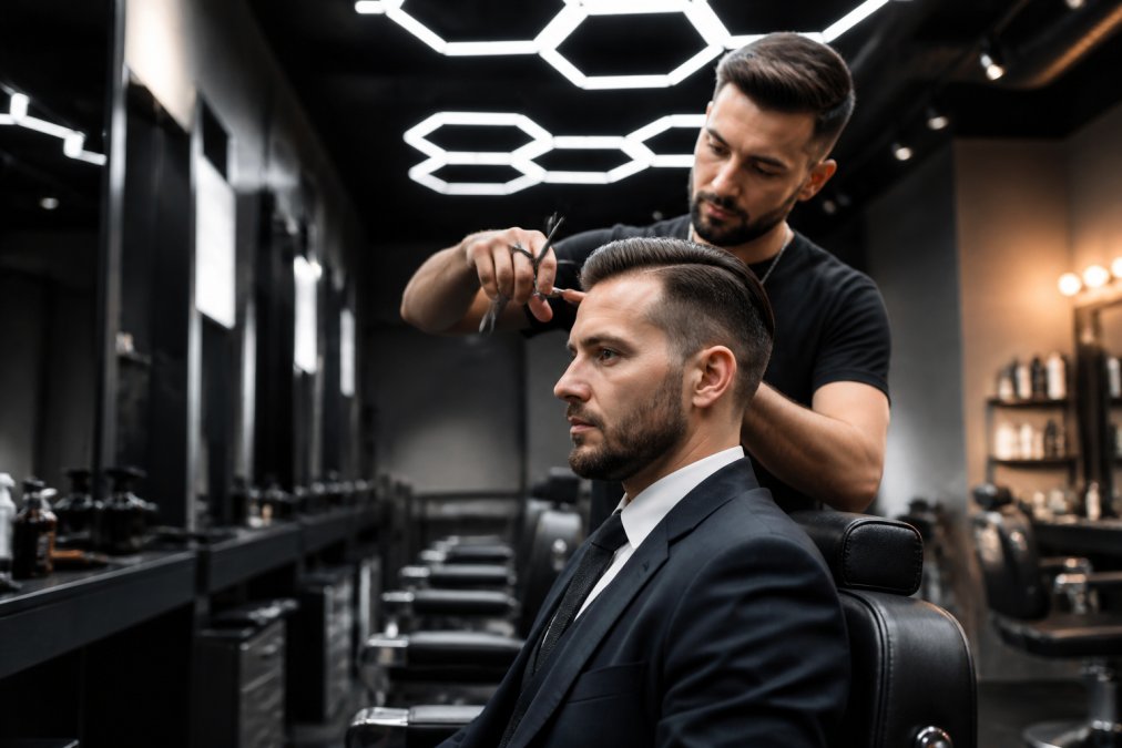 Barbier montréal utilisant des ciseaux avec précision sur un client dans un salon moderne du Plateau.