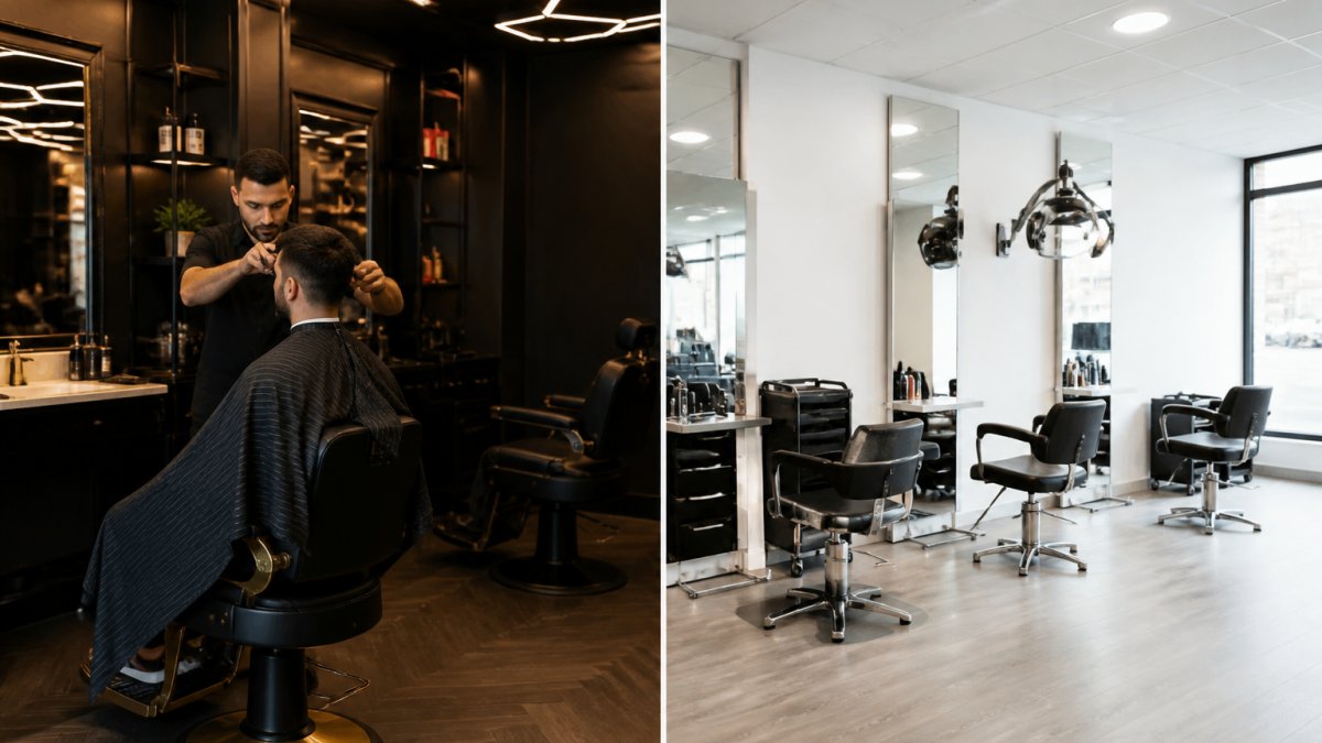Un barbier professionnel coupe les cheveux d'un client dans un salon moderne pour illustrer la différence barbier vs