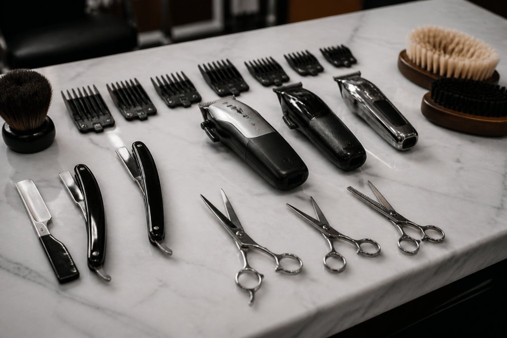 Professional barber tools arranged on a clean marble surface including straight razors with polished handles, precision electric clippers with multiple guard sizes, stainless steel scissors of varying lengths, and natural bristle brushes in soft lighting