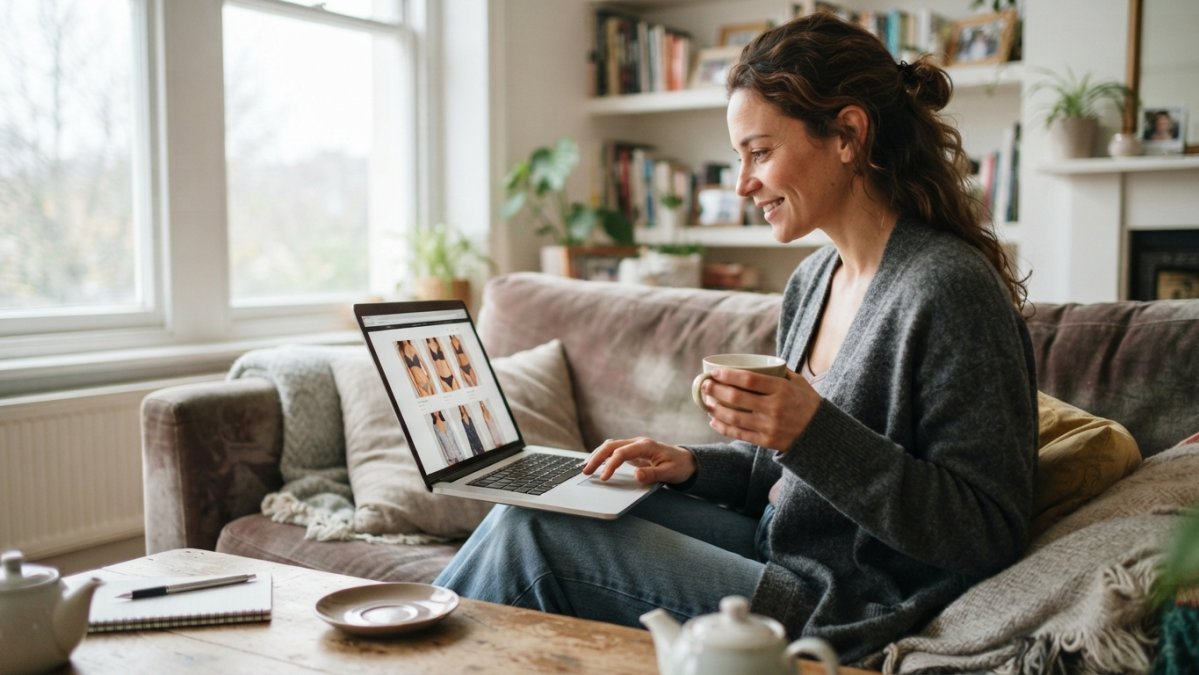 Woman browsing lingerie on laptop in comfortable home setting with tea nearby, satisfied expression, warm natural lighting