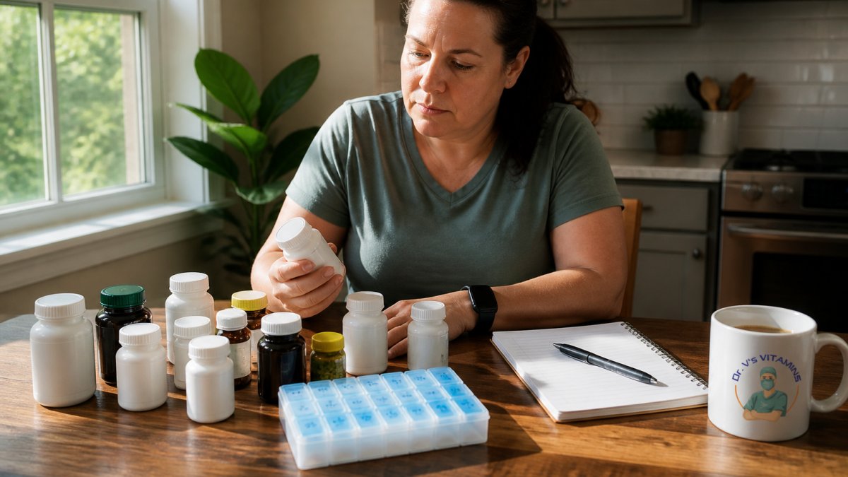 A person at a kitchen table sorting several supplement bottles and a pill organizer next to a notebook and coffee mug, natural morning light