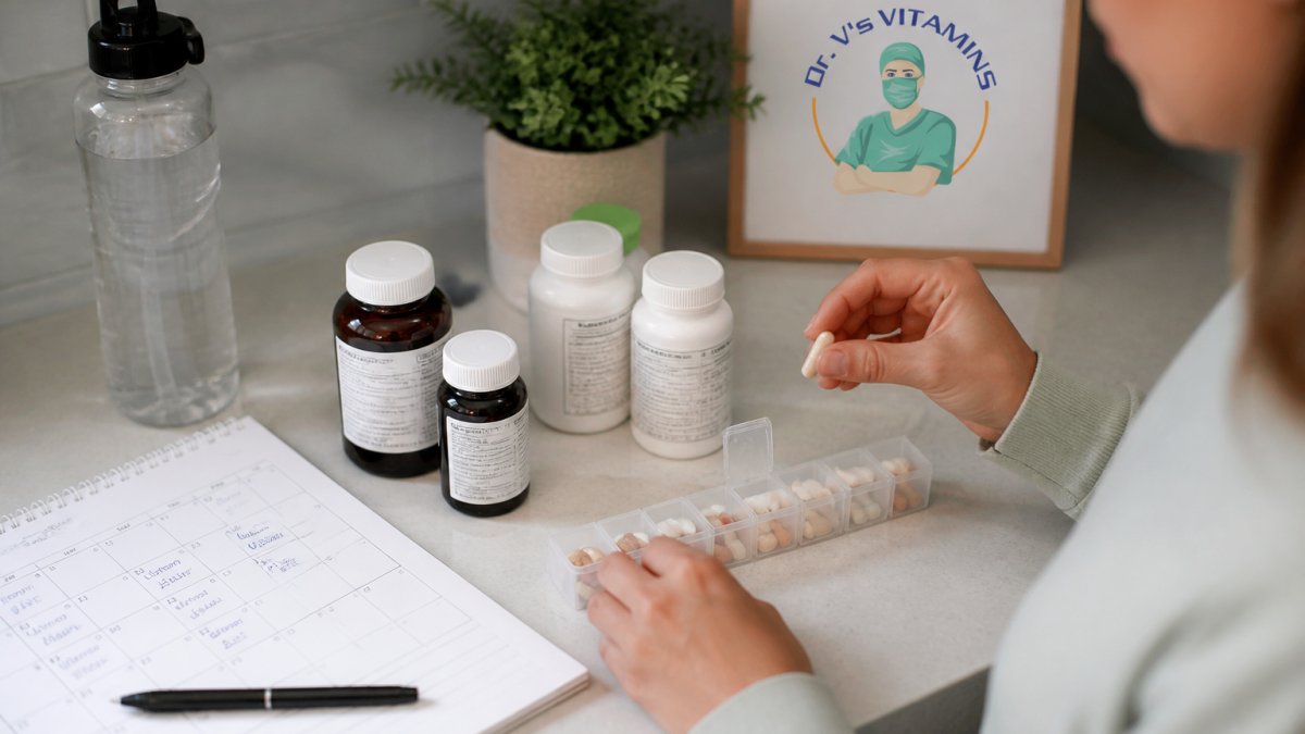 Close-up of hands organizing vitamin bottles and capsules on a kitchen counter with a calendar, water bottle, and pill organizer visible, showing a daily supplement routine setup