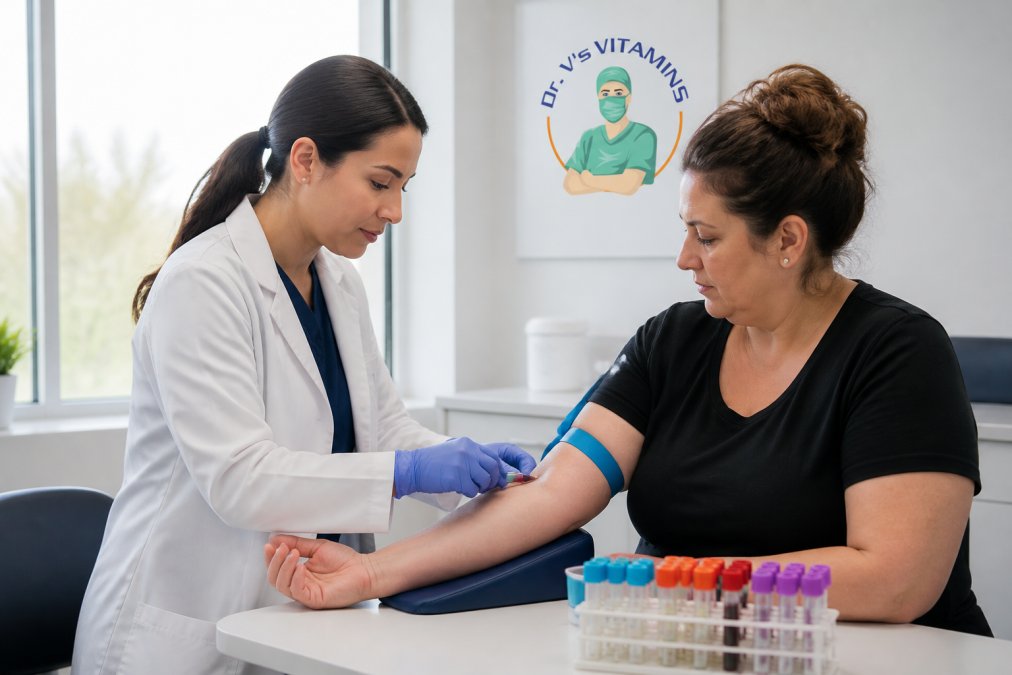 Healthcare provider drawing blood from patient's arm during routine lab work at medical clinic, with natural window lighting in background