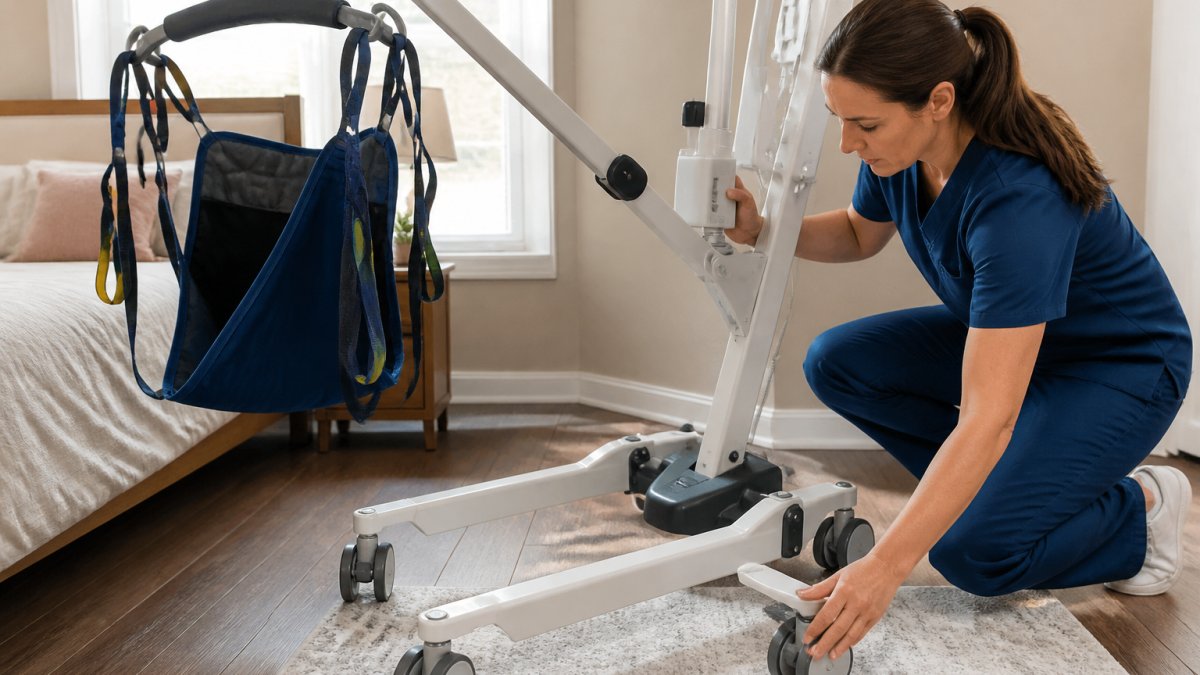 Professional caregiver performing visual inspection of bariatric patient lift base, checking connection points, sling attachment hardware, and caster locks before patient transfer in home setting with natural lighting