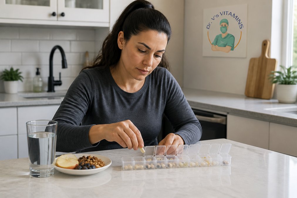A person at a kitchen counter sorting daily bariatric vitamin capsules into a weekly pill organizer beside a glass of water and a small breakfast plate