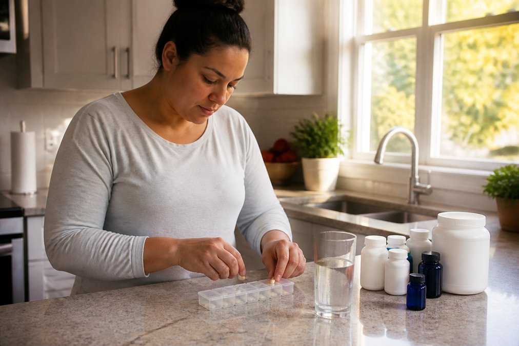 A person sorting daily vitamin supplements into a weekly pill organizer on a kitchen counter, with a glass of water nearby and morning light through the window