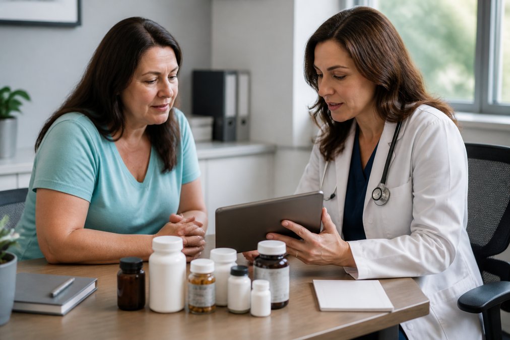 A patient and clinician reviewing lab results on a tablet in a bright medical office, with supplement bottles arranged on the desk between them