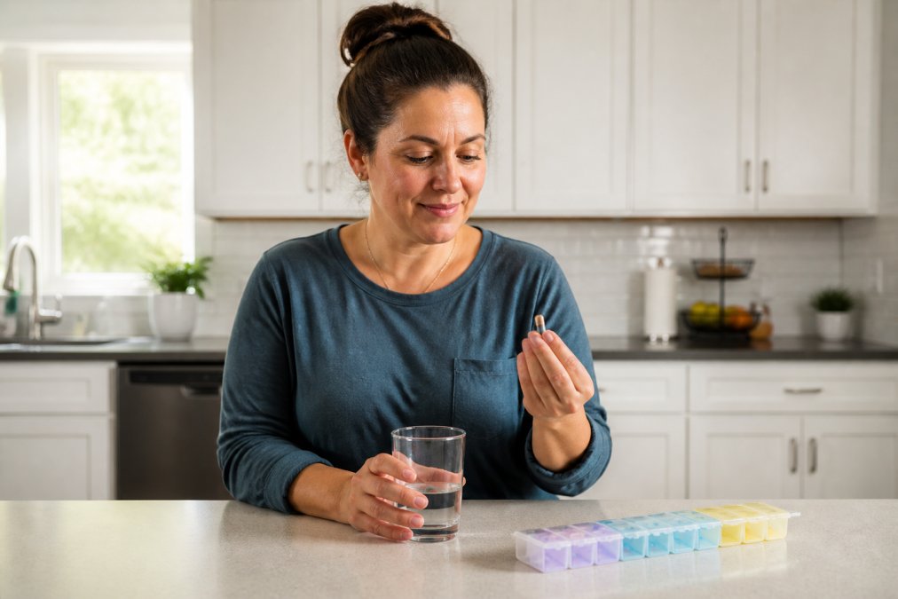 A person in a bright kitchen holding a small glass of water and a vitamin capsule, with a daily pill organizer on the counter beside them
