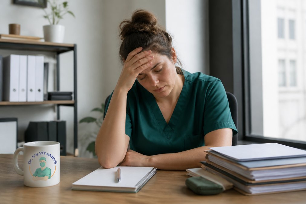 Person sitting at desk with head in hand, showing visible signs of fatigue and exhaustion, natural office lighting