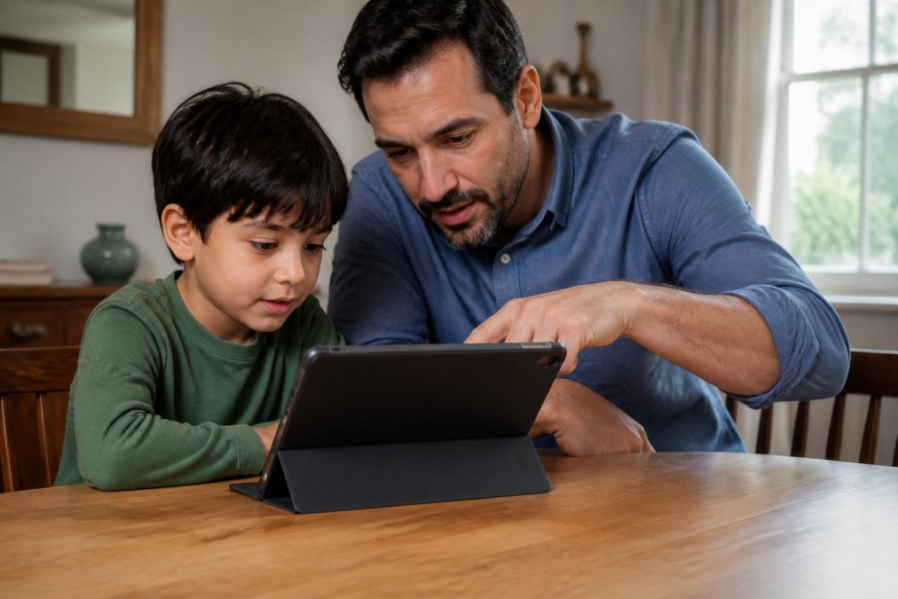 Parent and child sitting together at a table with a tablet, parent pointing at the screen while child watches, warm home environment with natural lighting
