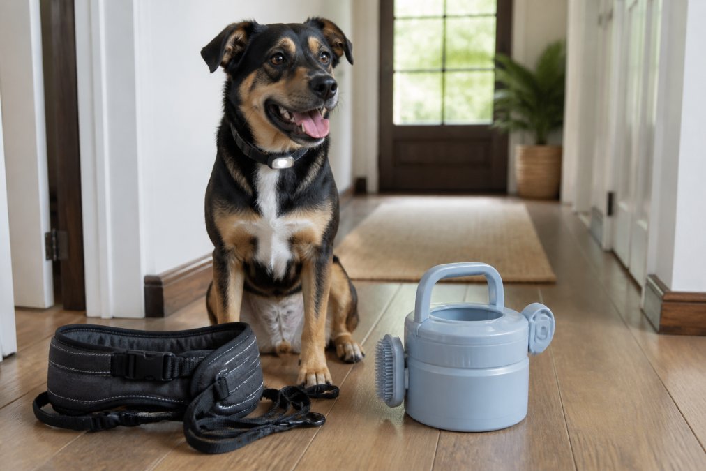 A happy rescue dog wearing durable gear from ethical pet brands sits by a portable paw washer and walking belt.