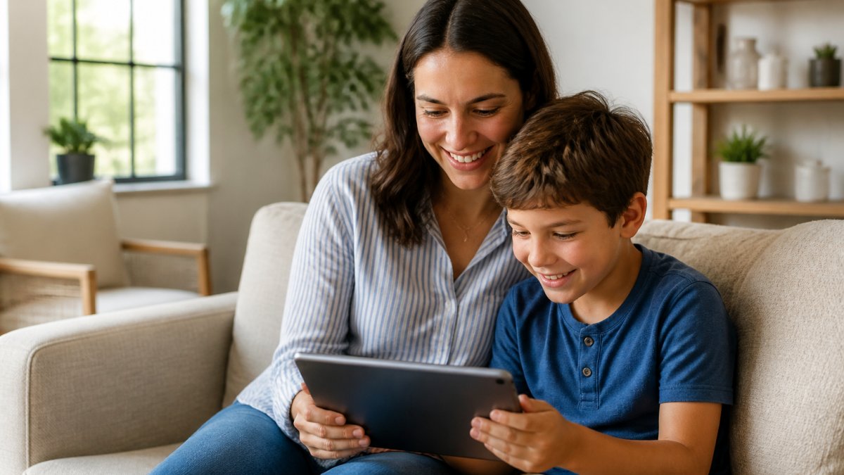 Parent and child sitting together on a couch watching a tablet with engaged, positive expressions in a bright, comfortable home setting with natural window lighting