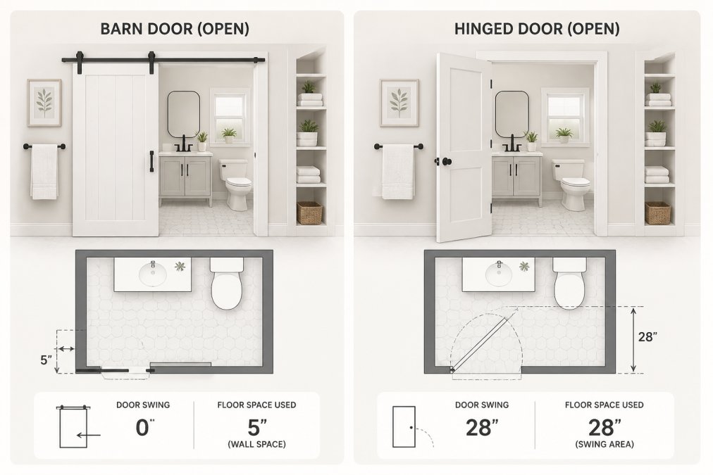 Diagram comparing space efficiency of barn doors vs hinged doors in small bathrooms