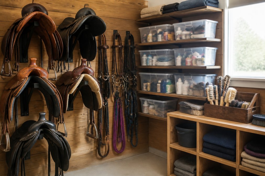 Professional equestrian tack room corner with wall-mounted saddle racks holding English and Western saddles, bridle hooks with organized halters, labeled clear storage bins on shelves containing grooming supplies, and a grooming box station with brushes neatly arranged, bright natural lighting from barn window