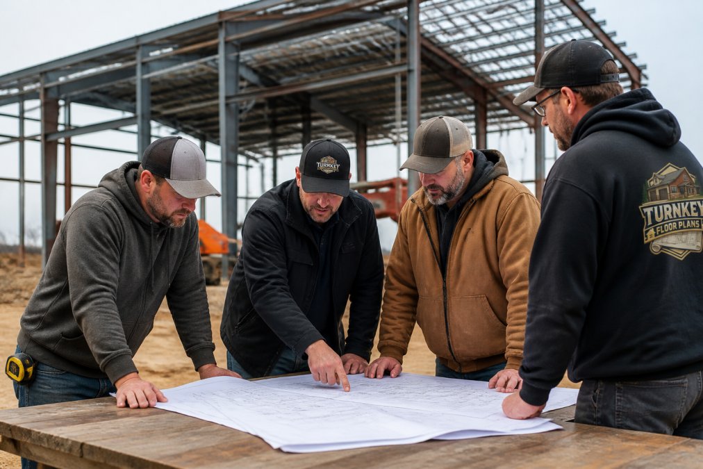 General contractor and subcontractors reviewing construction blueprints and project schedule on a job site with metal building framework visible in background