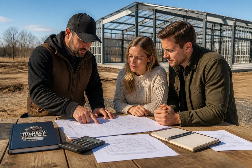 A general contractor and a young couple reviewing blueprints on a wooden table at a rural construction site, with a metal building frame visible in the background under a clear sky