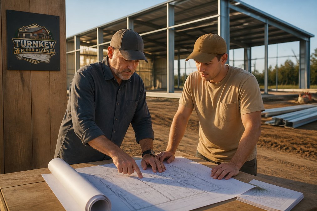 General contractor and builder reviewing barndominium financing plans at a construction site