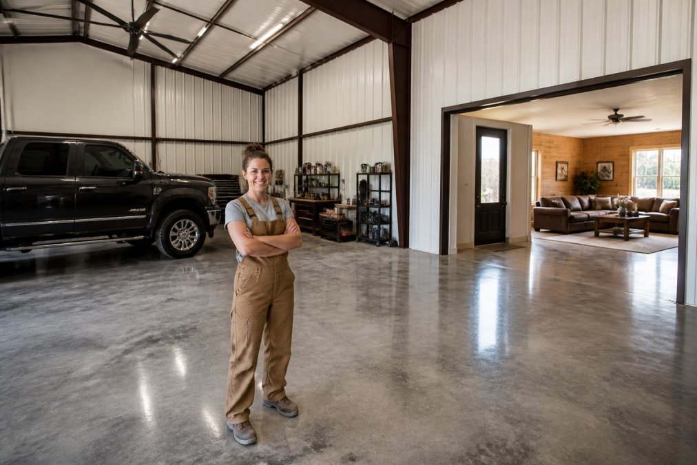 A woman in work clothes standing inside a bright barndominium shop with a polished concrete floor, a pickup truck parked on one side, and a living area visible through an open interior door on the other side
