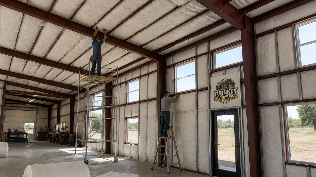 Interior of barndominium under construction showing exposed red-iron steel beams and columns, open floor plan with shop area visible in background, workers installing insulation batts between purlins, natural light from large windows