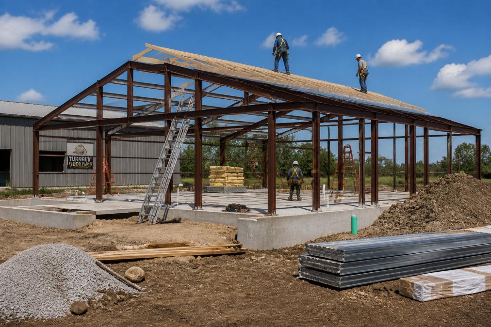 Metal building frame under construction with exposed steel beams, workers in hard hats installing roof trusses, and concrete foundation visible in rural setting with clear sky