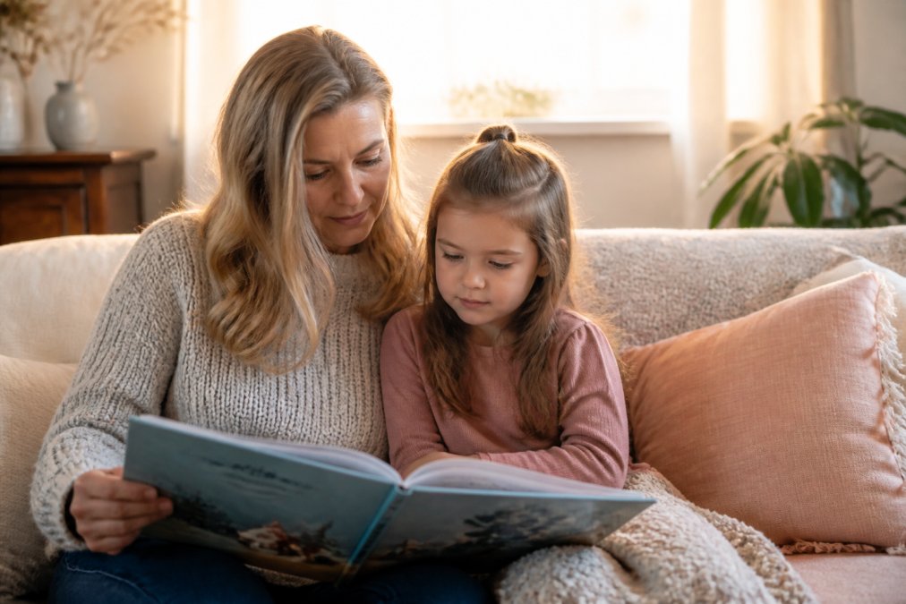 En voksen og et barn sitter sammen på en sofa med en åpen bildebok, barnet lytter konsentrert mens voksne holder boken. Varmt lys fra vinduet, fredelig hjemmeatmosfære