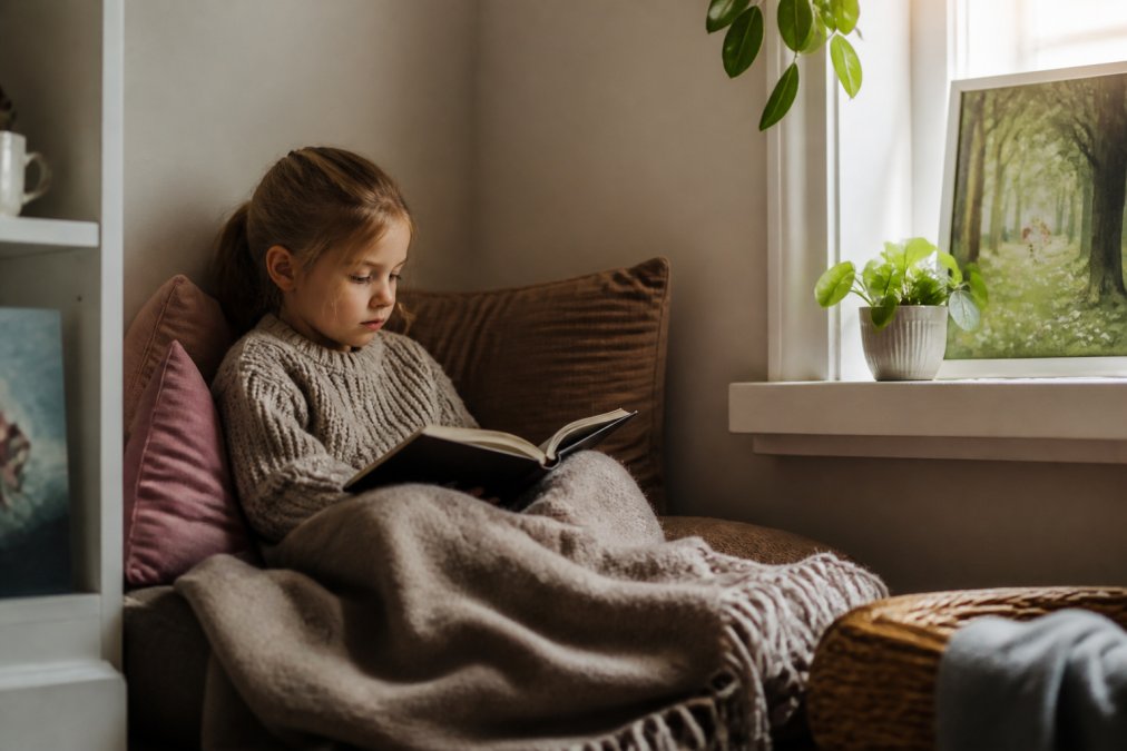 Et barn som sitter alene med en bok i en koselig hjørne, kanskje med et pledd eller pute rundt seg. Fredelig, reflektert stemning som viser at lesing kan være en trygg aktivitet