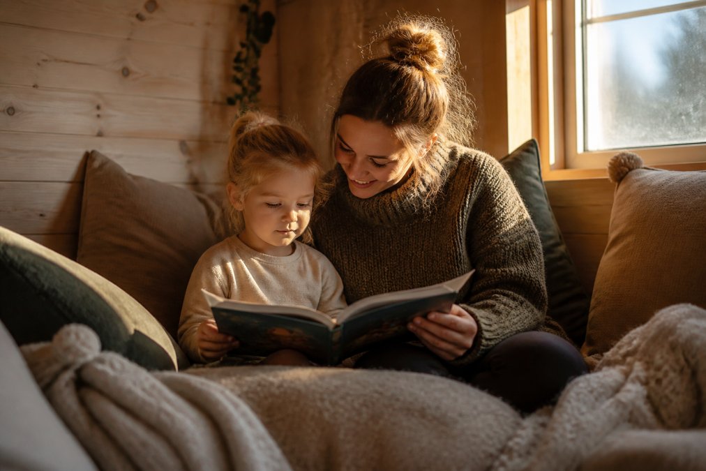 En voksen som sitter tett ved siden av et barn mens de leser en barnebok sammen, begge fordypet i historien med varmt lys som faller over siden, i en koselig lesekrok med puter rundt seg
