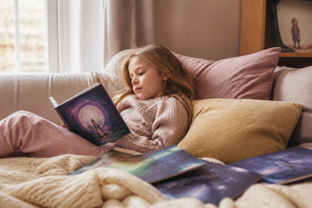 Et barn som ligger avslappet på en sofa eller i en koselig lesekrok omgitt av bløte puter og barnebøker, med et rolig og fredelig ansiktsuttrykk, naturlig belysning fra siden