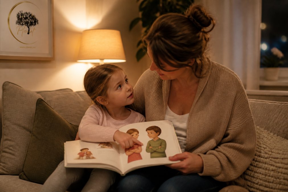 Voksen og barn leser bildebok i sofaen for å snakke om grenser og respekt i hverdagen