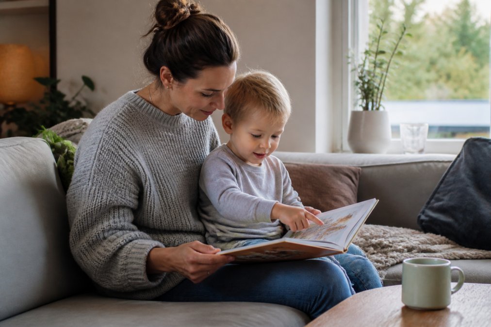 En voksen og et barn som sitter sammen i en sofa og leser en bildebok, barnet peker på en illustrasjon, mykt dagslys fra vinduet, rolig og varm stemning