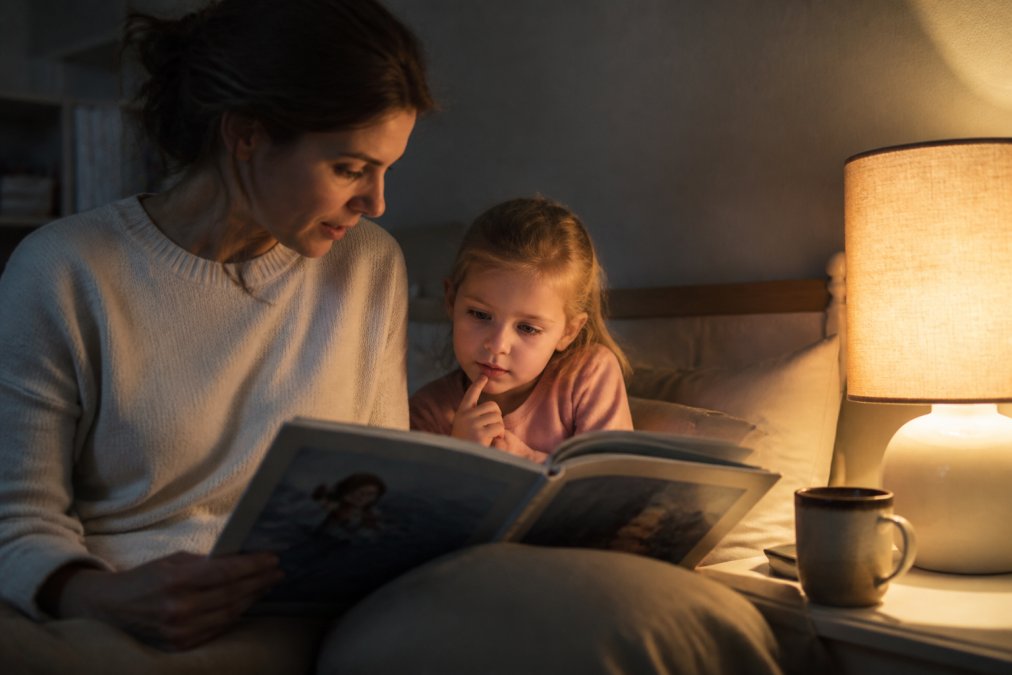 En voksen og barn sitter sammen med en åpen bok ved siden av hverandre, barnet ser på illustrasjonene mens den voksne leser høyt. Varm, intim atmosfære med dempet lys og kopp te på nattbordet