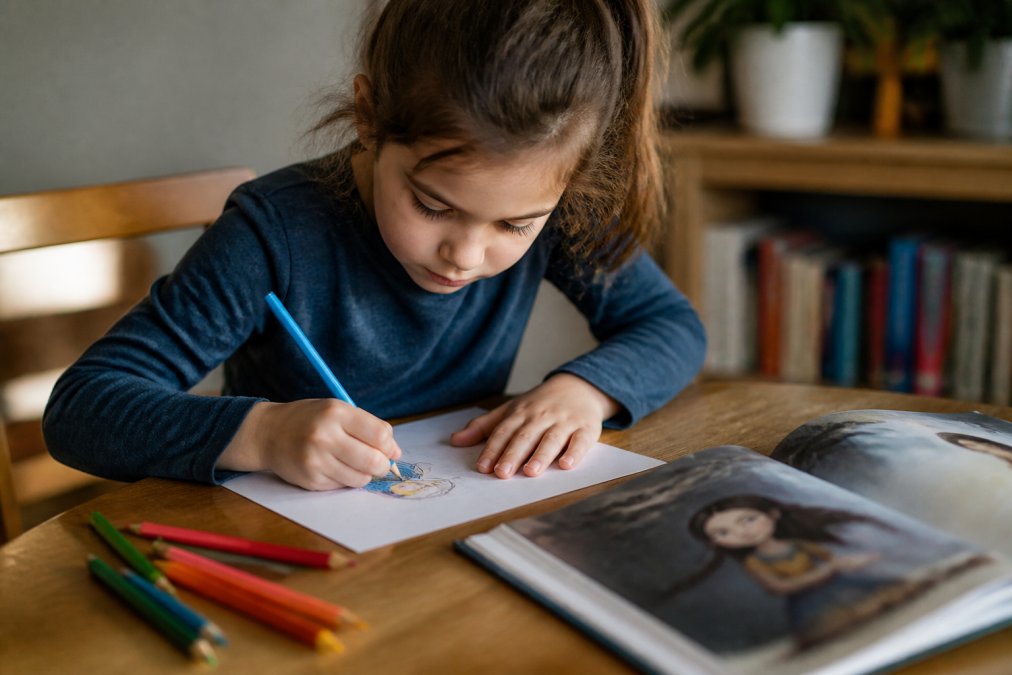 Barn sitter ved et bord med fargeblyanter og papir, tegner eller skriver om følelser etter å ha hørt en historie. En åpen barnebok ligger ved siden av, og barnet konsentrerer seg intenst