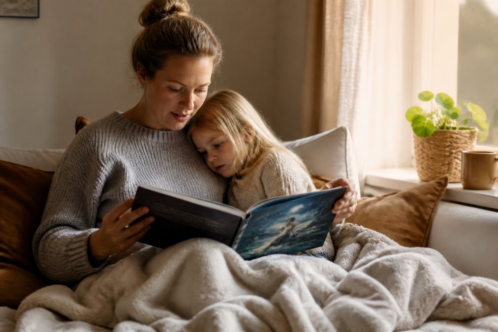 En voksen leser høyt fra en illustrert barneboka til et barn som sitter tett inntil, begge med konsentrert og fredelig uttrykk, varmt lys fra et vindu, koselig atmosfære med pledd