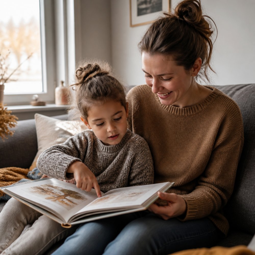 A parent and child sitting close together on a sofa, reading an illustrated picture book. The child points at a page while the parent smiles warmly. Soft natural light from a window, muted autumn colours in the room