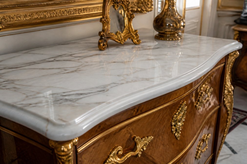 Nahaufnahme einer eleganten Barockkommode mit polierter weißer Marmorplatte, die die feinen Adern und den Glanz des Marmors zeigt, vor einem klassischen Interieur mit goldenem Rahmen