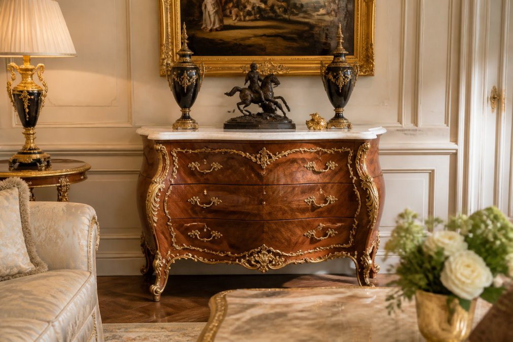 Luxuriöses Wohnzimmer mit einer eleganten Casa Padrino Barockkommode mit weißer Marmorplatte als Mittelpunkt, flankiert von klassischen Accessoires und Gemälden in goldenen Rahmen